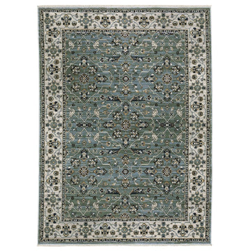 8' X 11' Blue And Green Floral Area Rug With Fringe