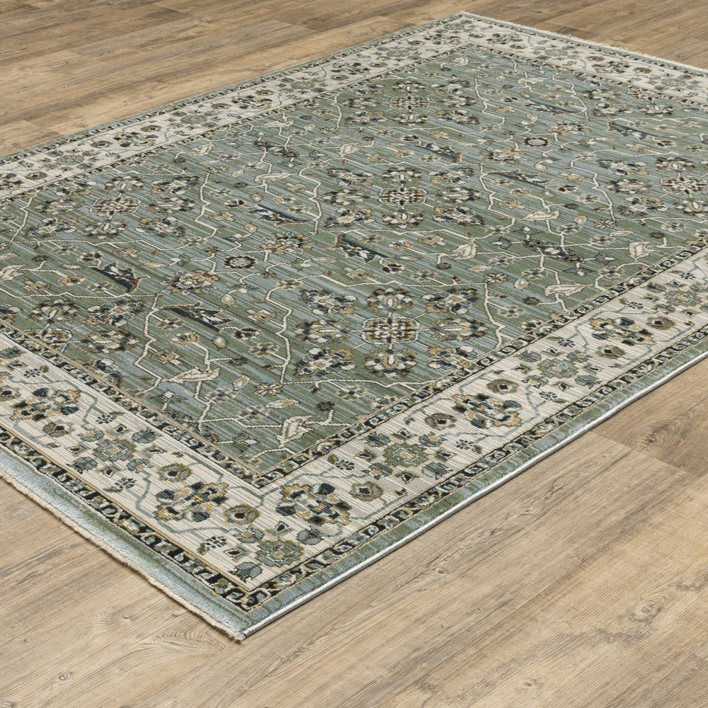8' X 11' Blue And Green Floral Area Rug With Fringe