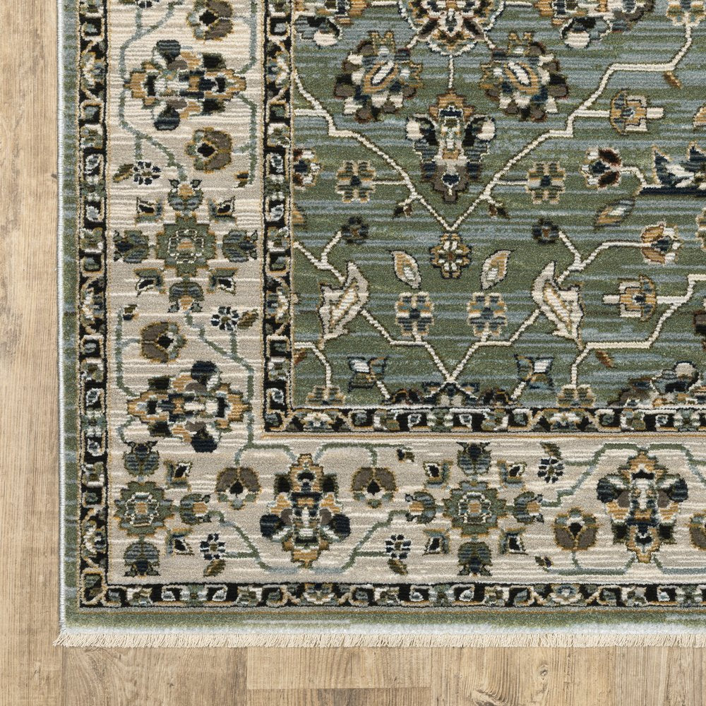 8' X 11' Blue And Green Floral Area Rug With Fringe