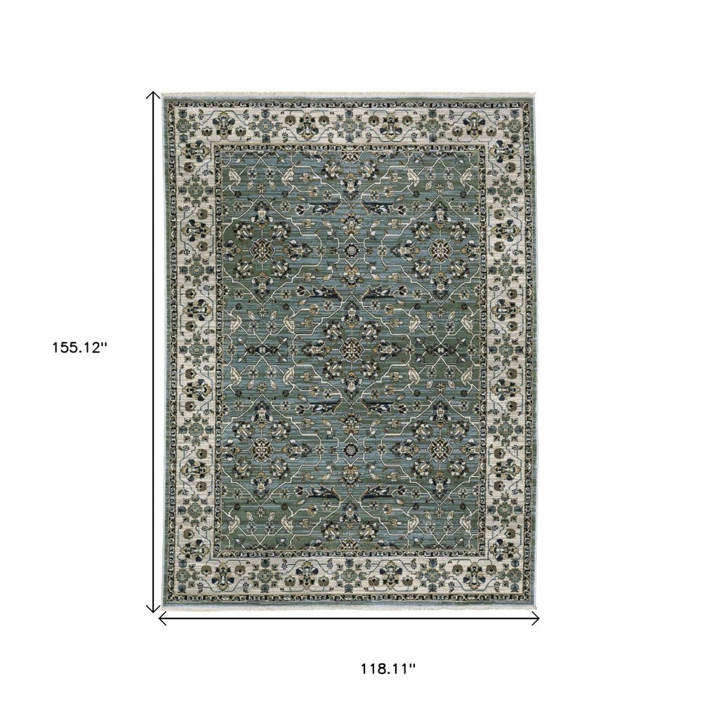 8' X 11' Blue And Green Floral Area Rug With Fringe