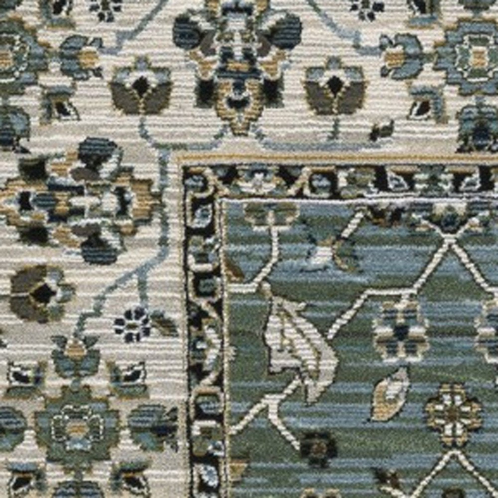 8' X 11' Blue And Green Floral Area Rug With Fringe