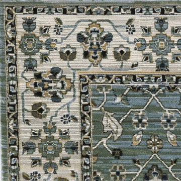 10' X 13' Blue And Green Floral Area Rug With Fringe