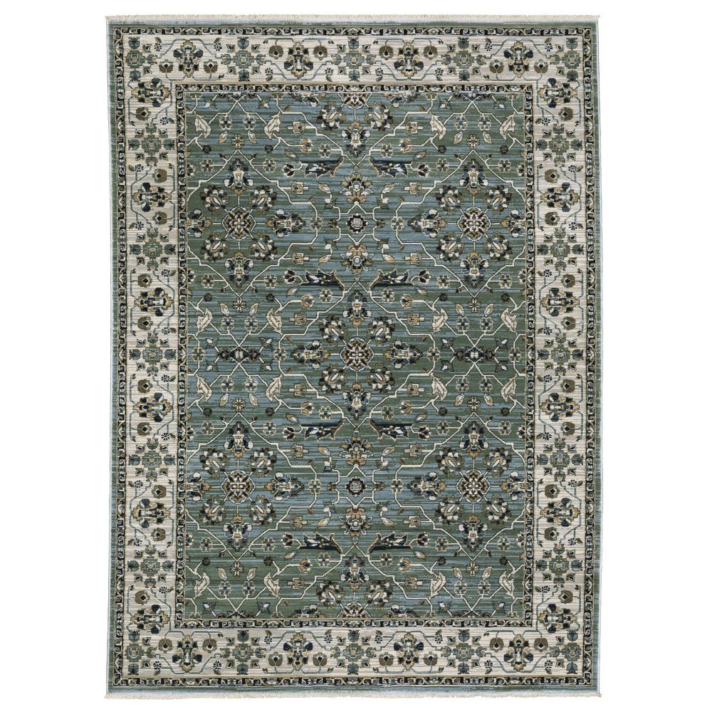 8' X 11' Blue And Green Floral Area Rug With Fringe