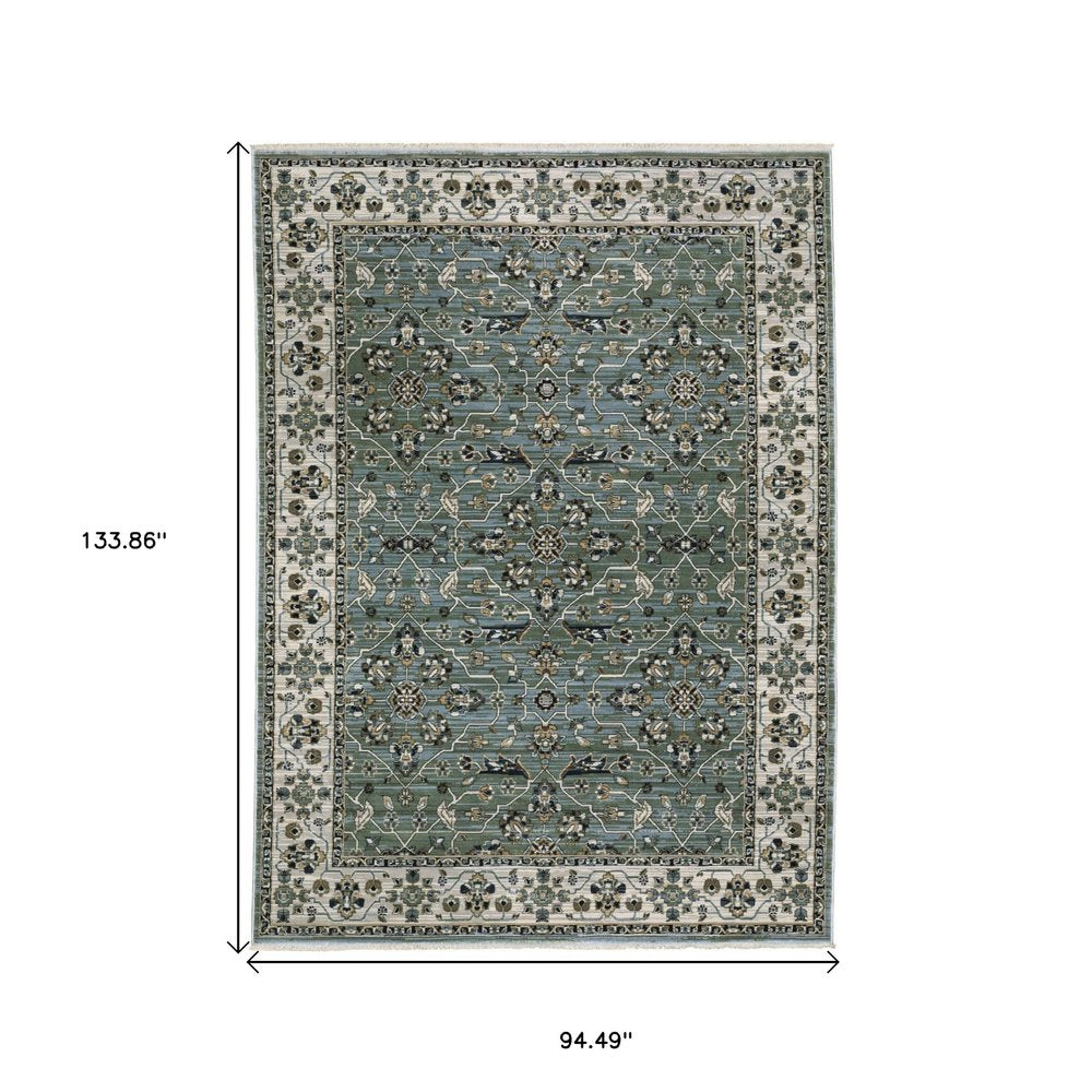 8' X 11' Blue And Green Floral Area Rug With Fringe