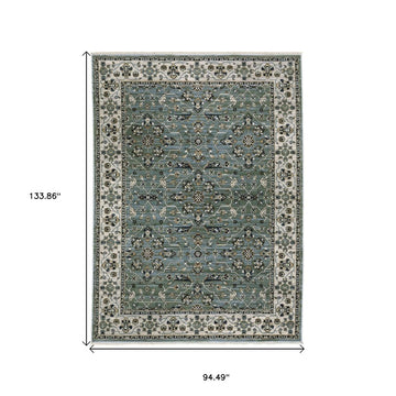 8' X 11' Blue And Green Floral Area Rug With Fringe