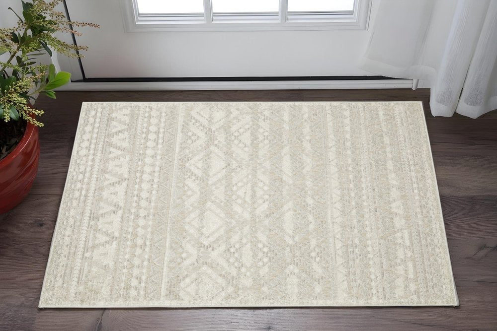 3' X 5' Beige And Ivory Tribal Area Rug