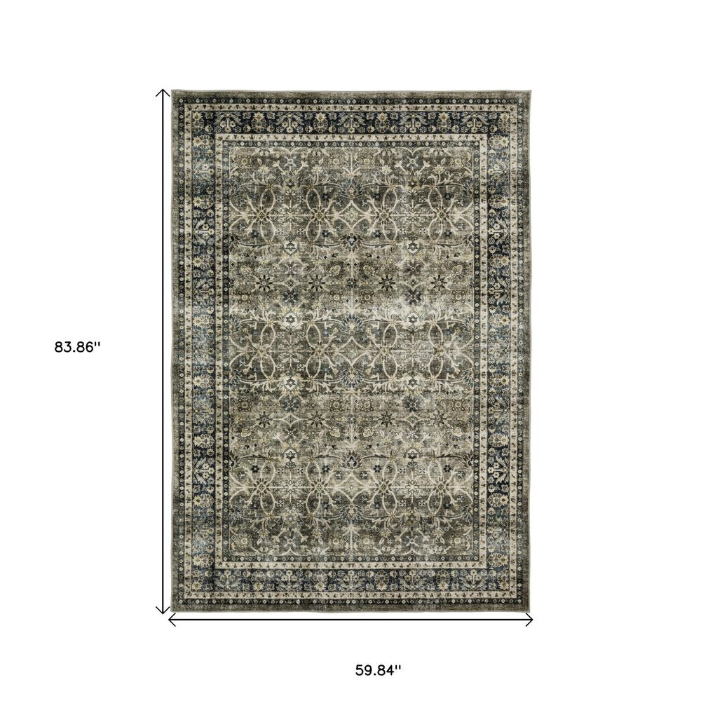 5' X 7' Charcoal And Blue Oriental Area Rug