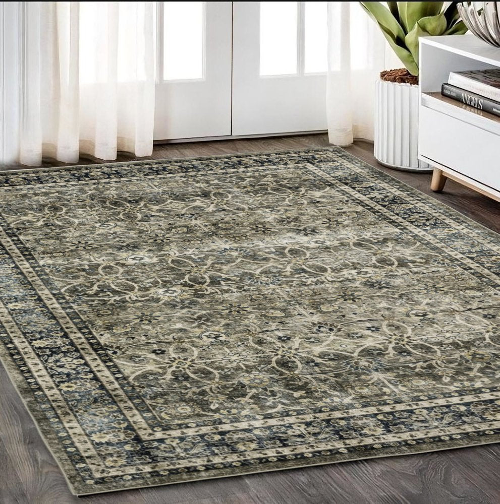 5' X 7' Charcoal And Blue Oriental Area Rug