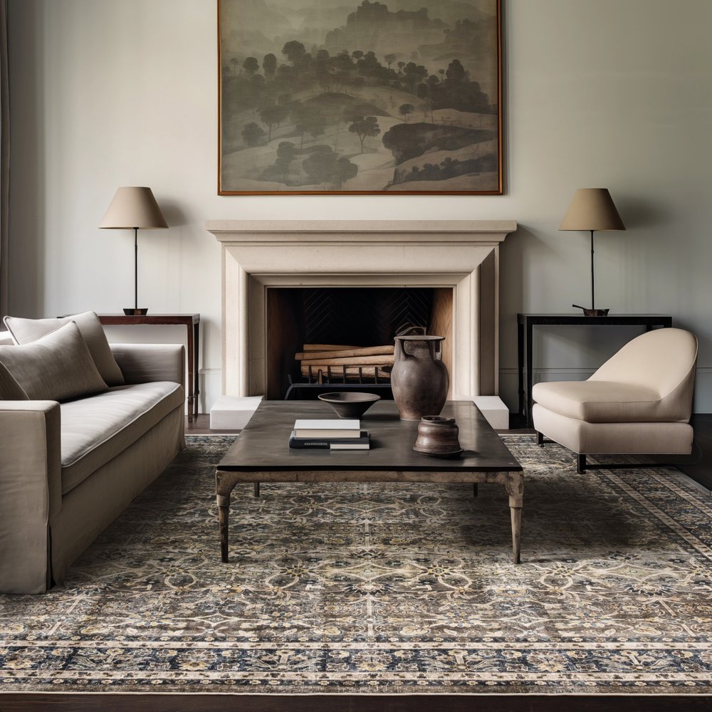 5' X 7' Charcoal And Blue Oriental Area Rug