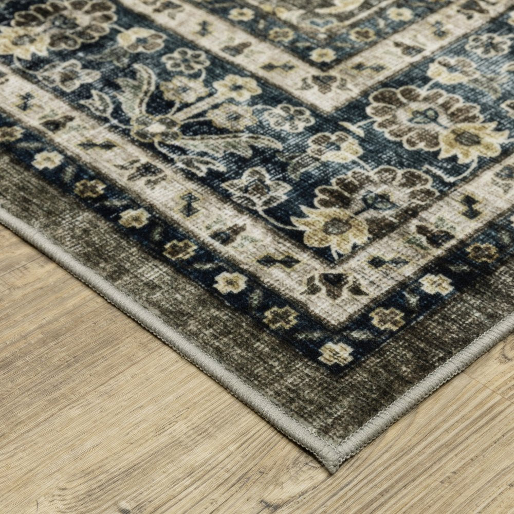 5' X 7' Charcoal And Blue Oriental Area Rug