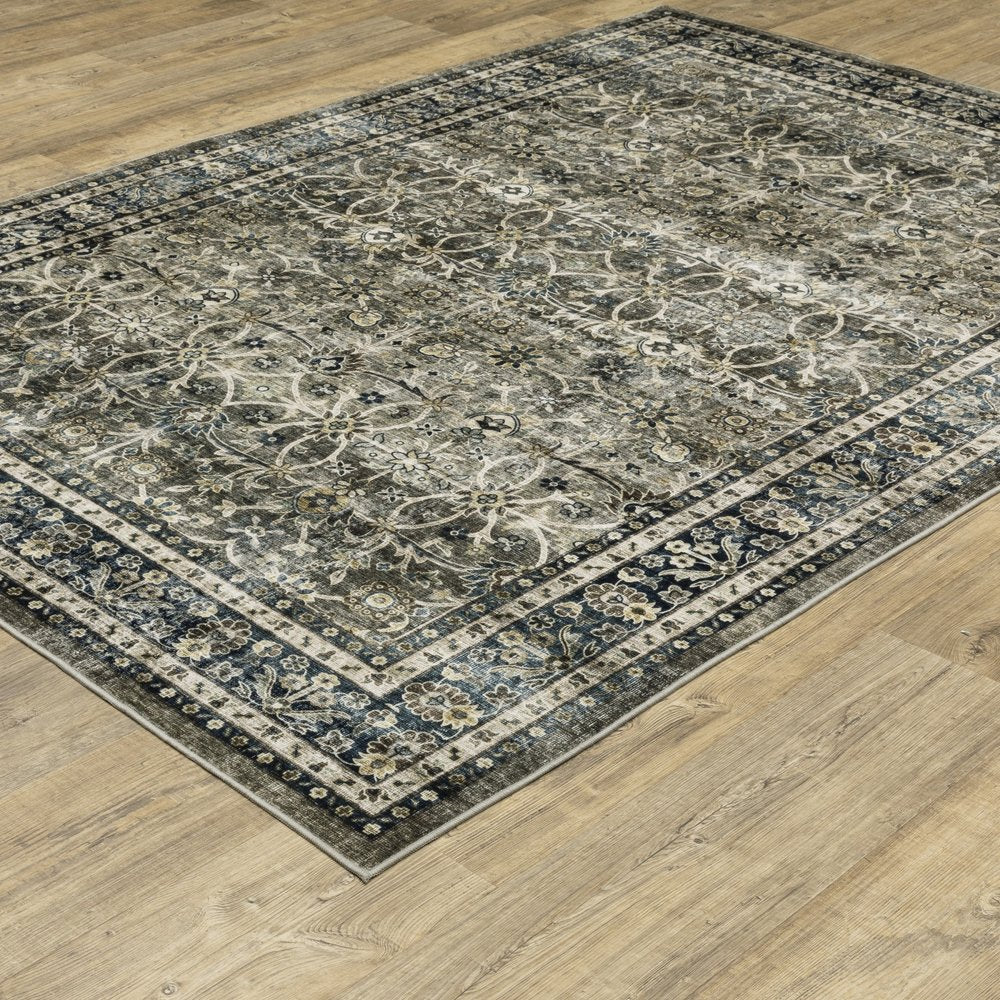 5' X 7' Charcoal And Blue Oriental Area Rug