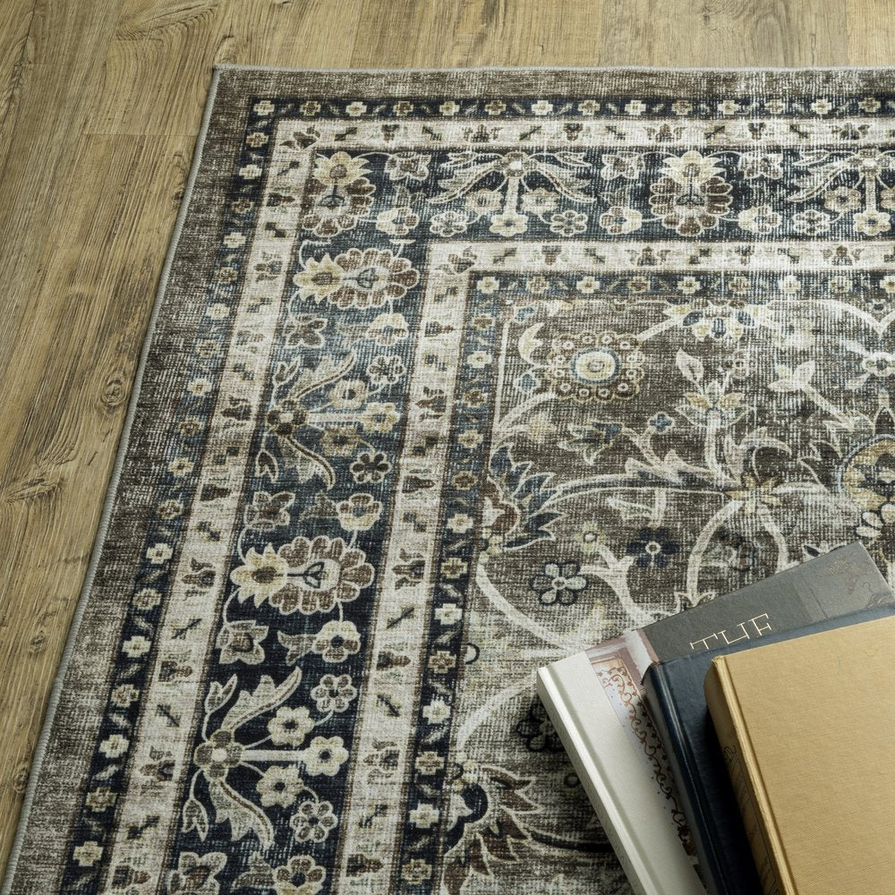 5' X 7' Charcoal And Blue Oriental Area Rug