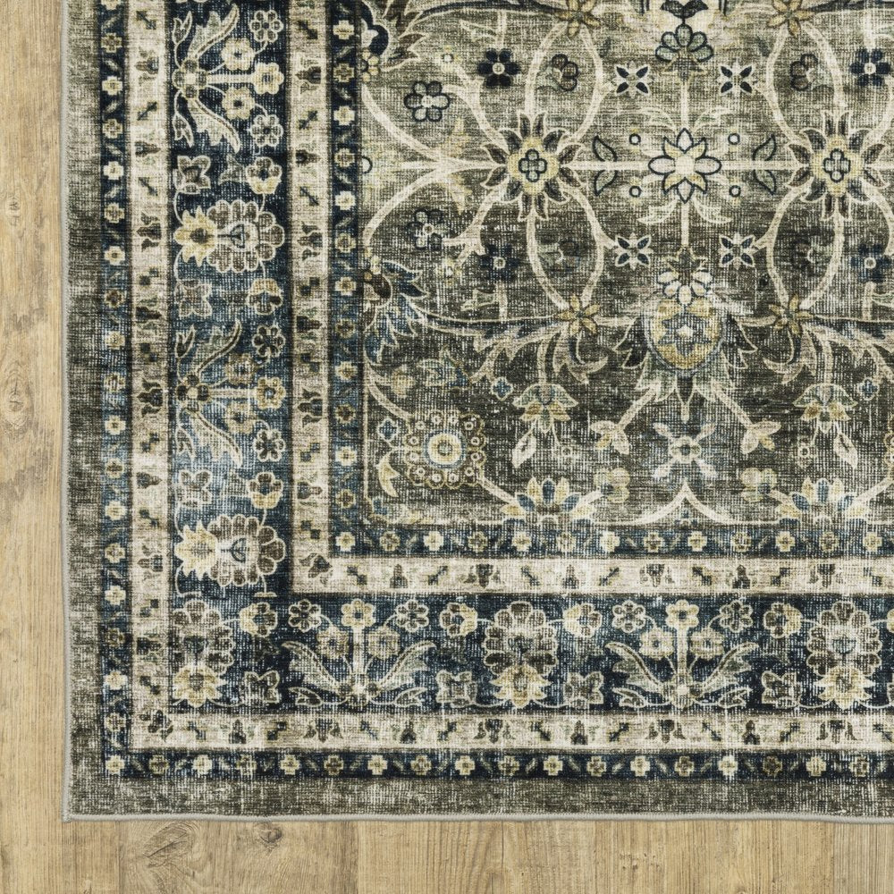 5' X 7' Charcoal And Blue Oriental Area Rug