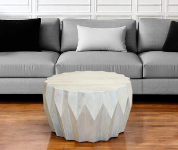 32" Off White Solid Wood Round Block Coffee Table