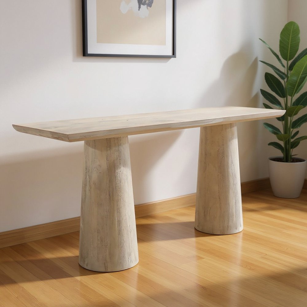 72" Natural Solid Wood Distressed Double Pedestal Console Table