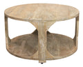 34" Natural Solid Wood Round Distressed Floor Shelf Coffee Table With Shelf