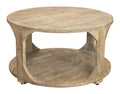 34" Natural Solid Wood Round Distressed Floor Shelf Coffee Table With Shelf