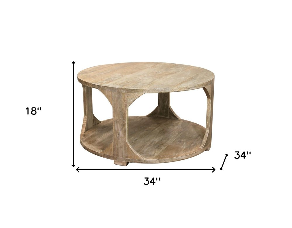 34" Natural Solid Wood Round Distressed Floor Shelf Coffee Table With Shelf