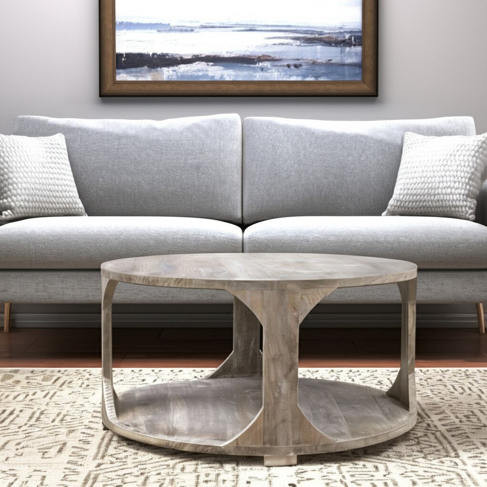 34" Natural Solid Wood Round Distressed Floor Shelf Coffee Table With Shelf
