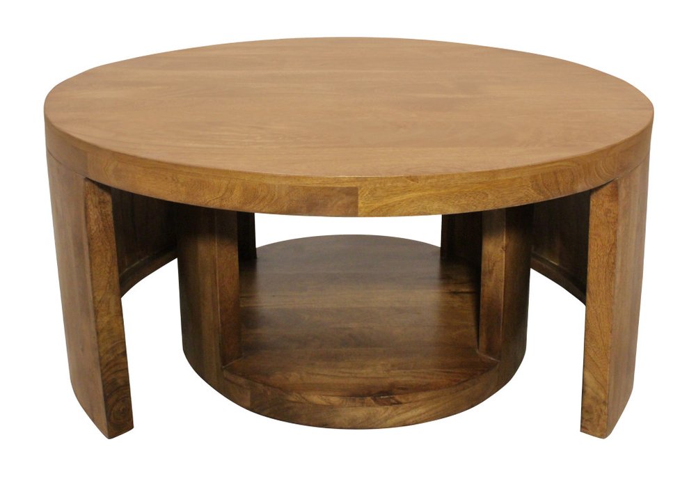 Set of Two Walnut Solid Wood Round Distressed Solid Nested Coffee Tables