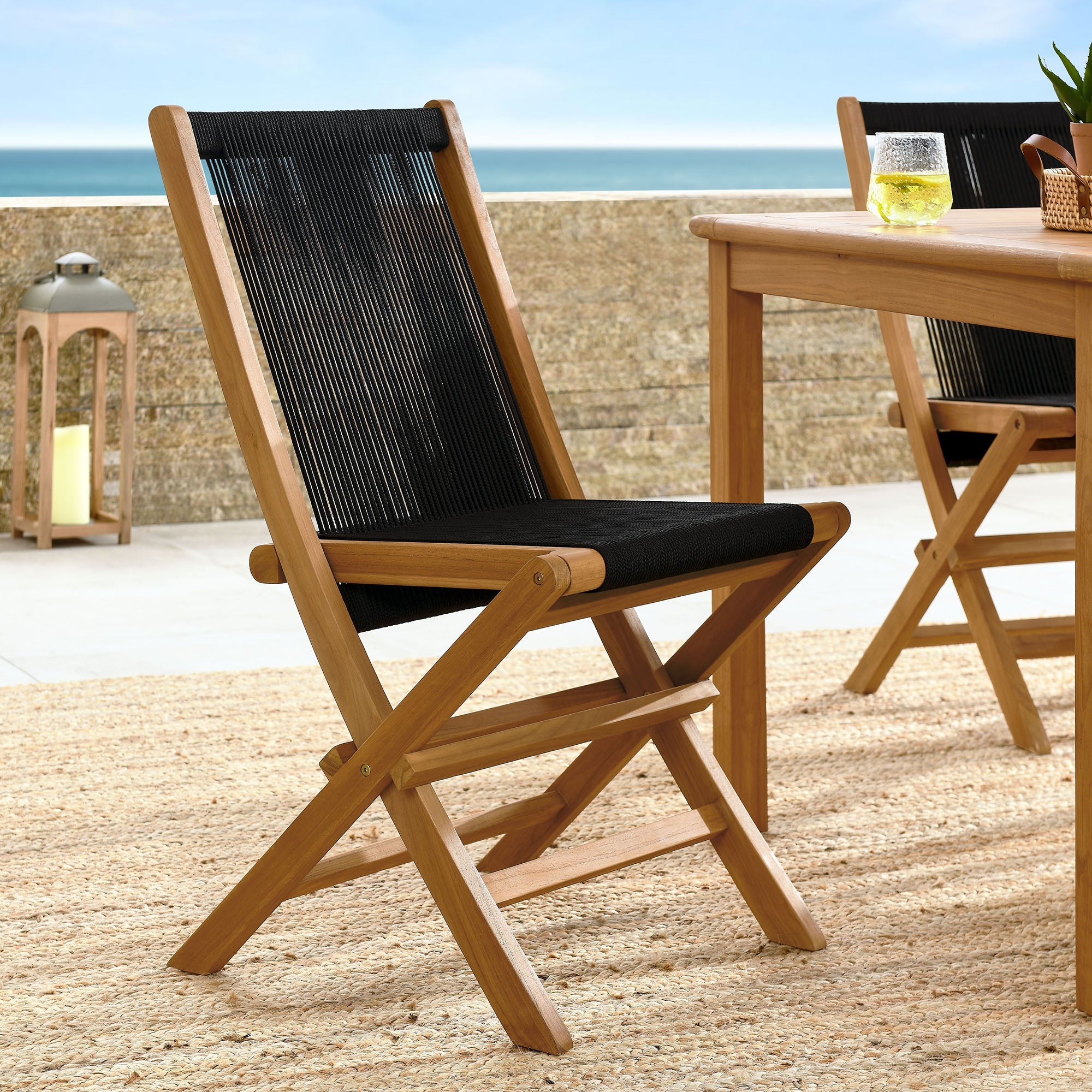 Teak & Rope Folding Chairs Set