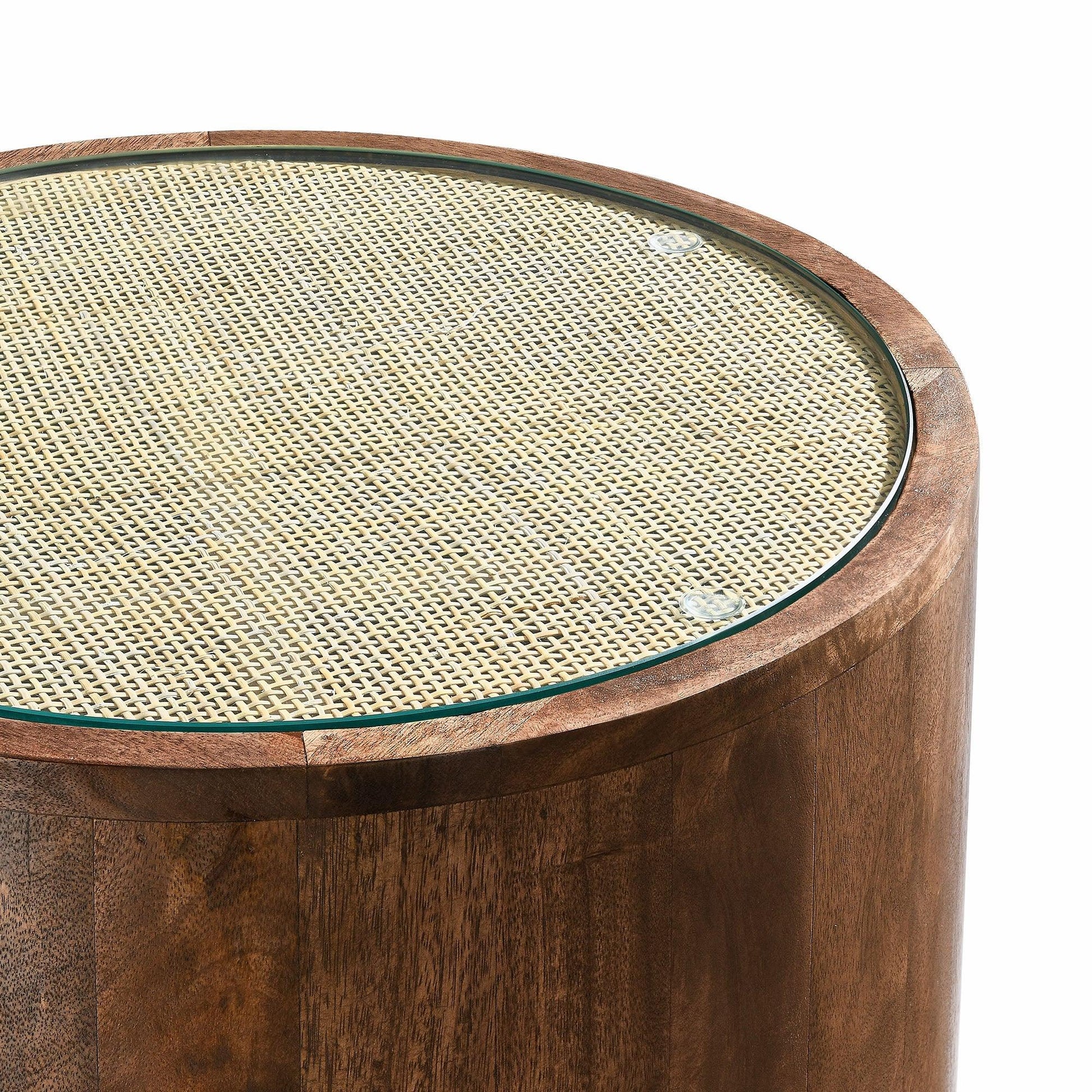 Truett Round Wood Rattan Side Table Walnut