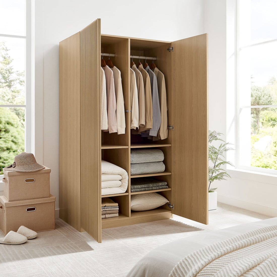 Stylish 2-Door Wardrobe Closet in Oak and Walnut