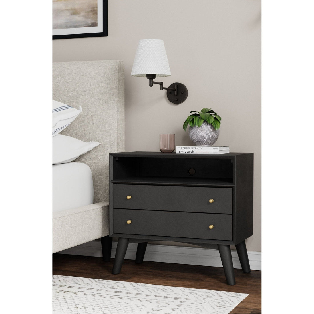 Chic Flynn Large Black Nightstand with Mid-Century Flair